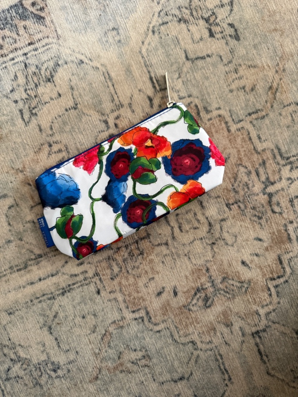 Clinique White Floral Zip Cosmetic Wallet with Multicolor Blooms